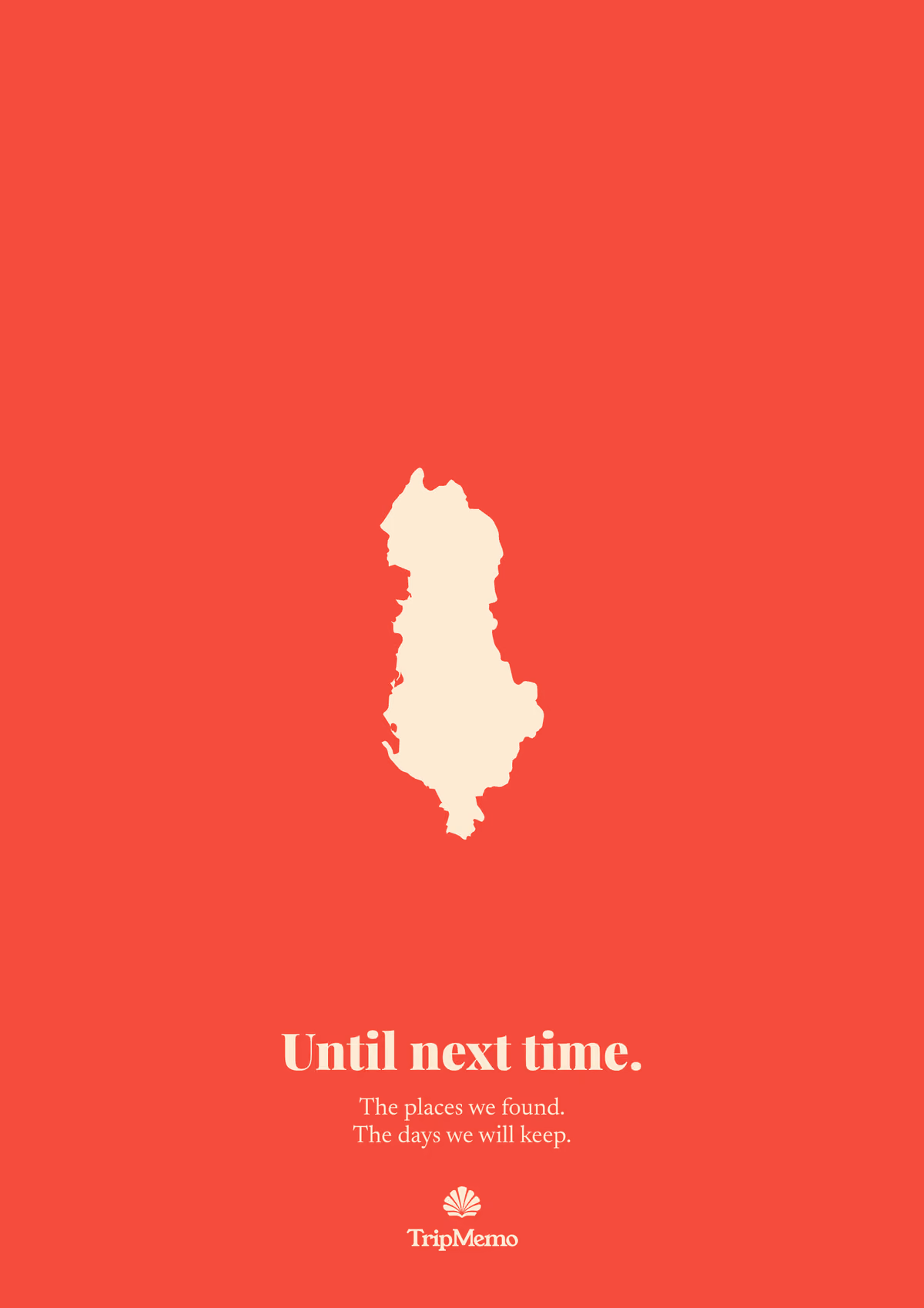 Back of the Albania photo book: an outline of Albania above the words "Until next time." and the TripMemo mark