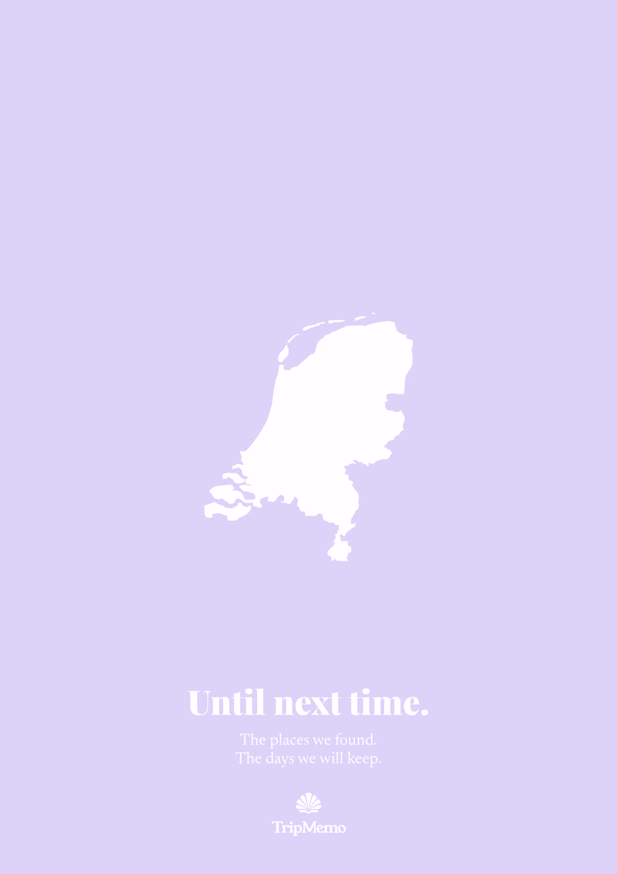 Back of the Amsterdam photo book: an outline of the Netherlands above the words "Until next time." and the TripMemo mark