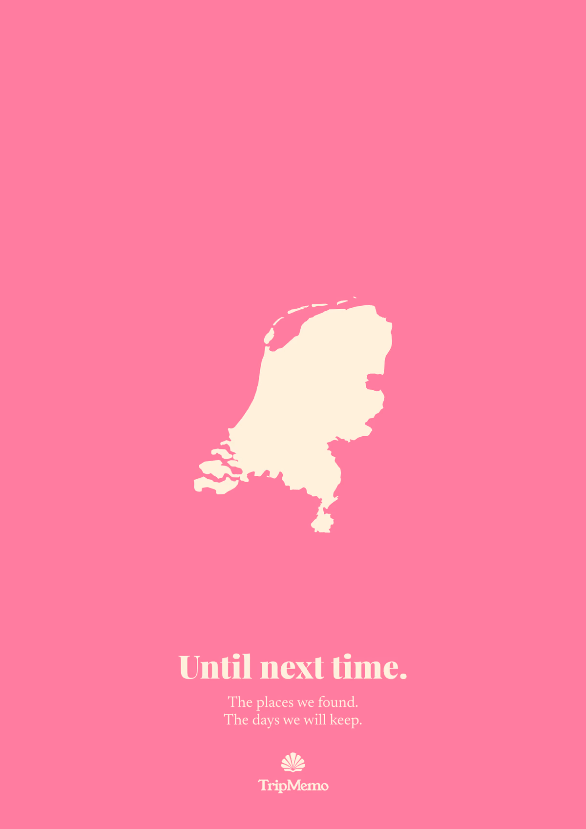 Back of the Amsterdam photo book: an outline of the Netherlands above the words "Until next time." and the TripMemo mark