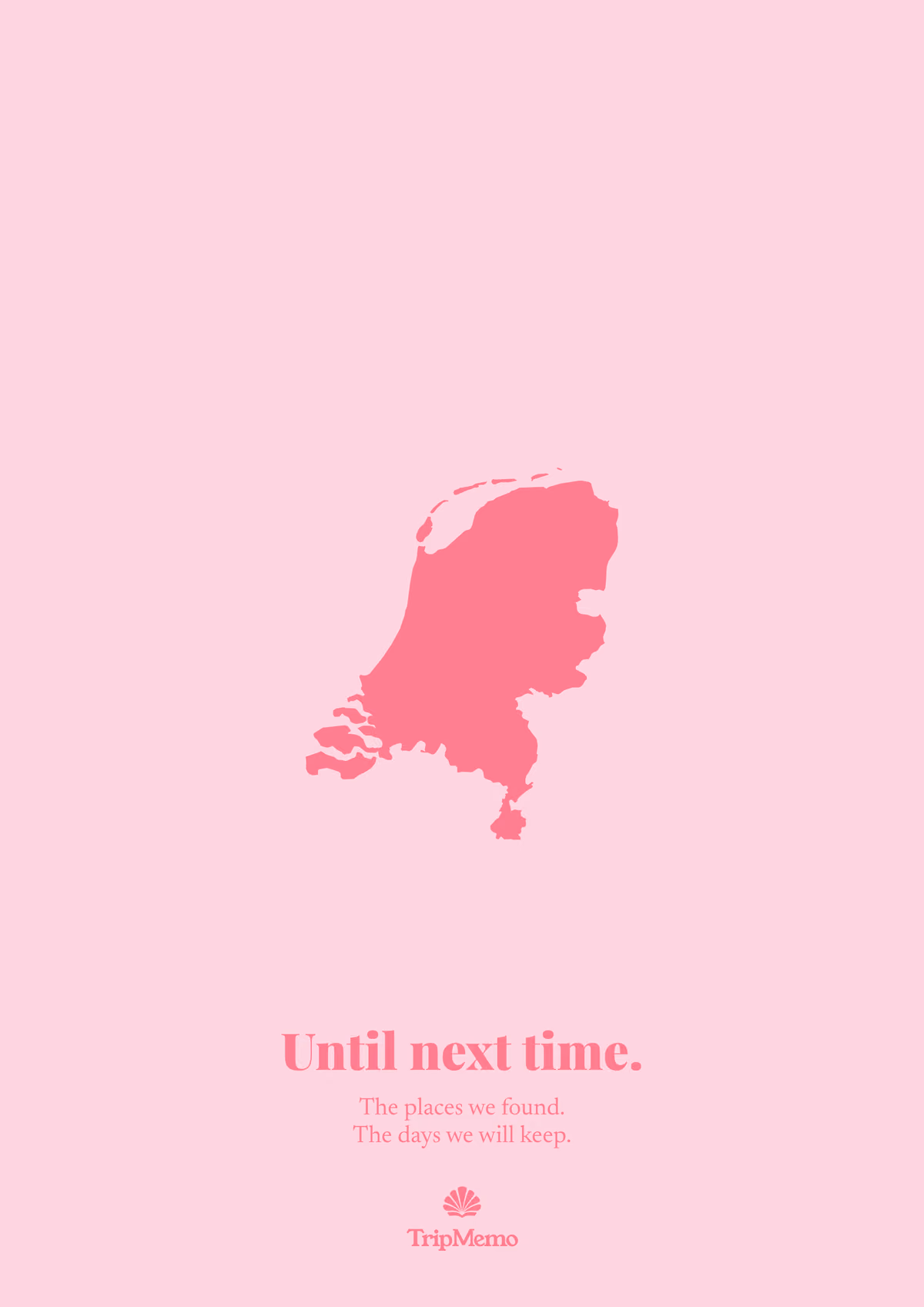 Back of the Amsterdam photo book: an outline of the Netherlands above the words "Until next time." and the TripMemo mark