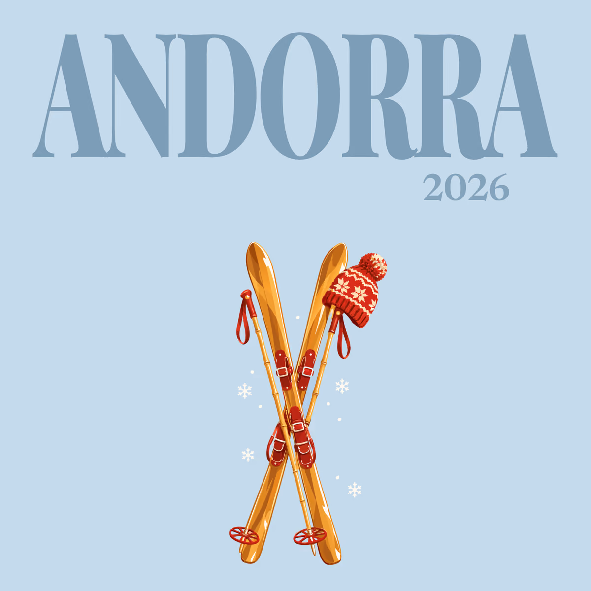 Andorra illustrated square photo book cover with the vintage skis and bobble hat artwork
