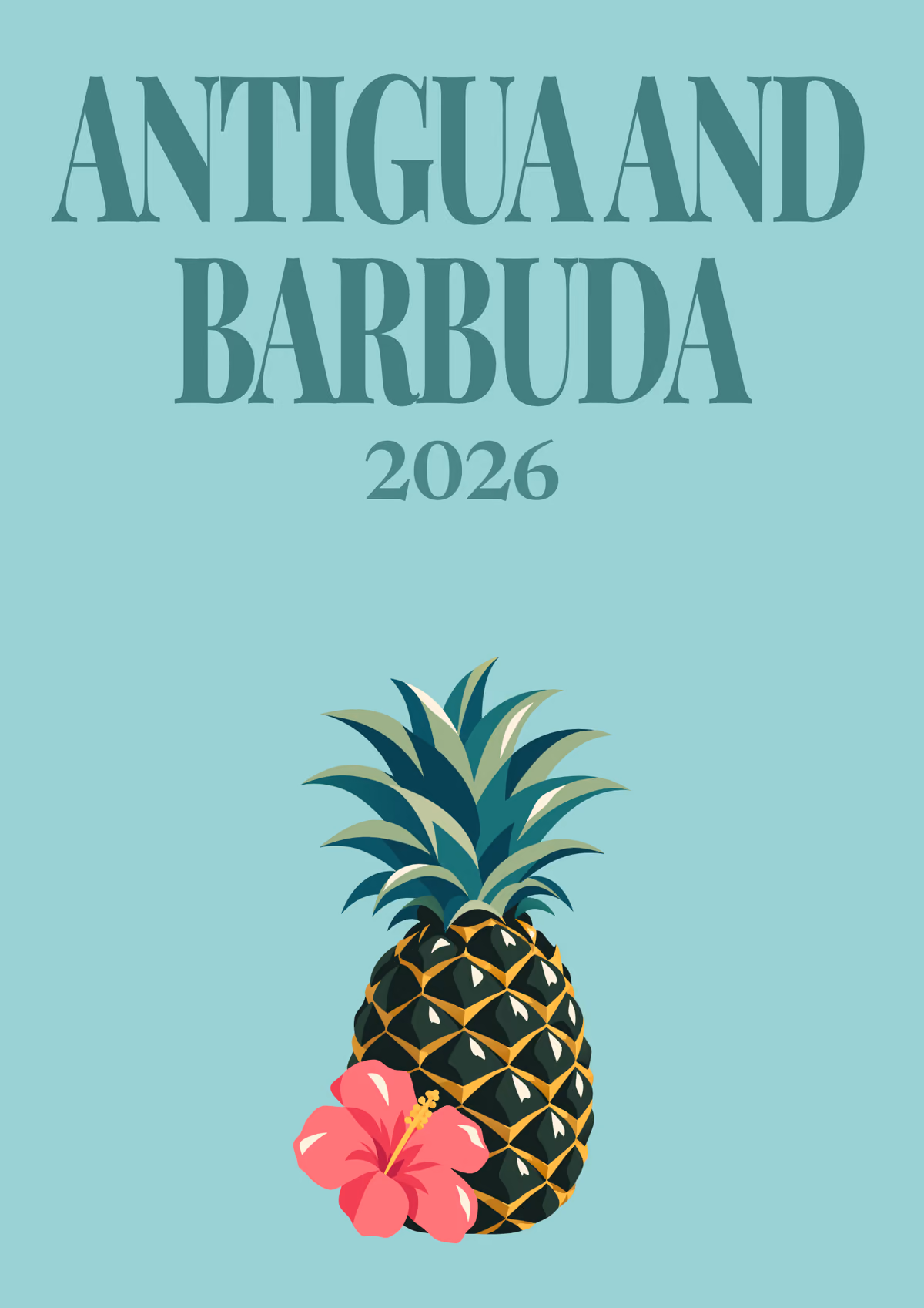 Antigua and Barbuda illustrated travel photo book cover with the Antigua black pineapple artwork