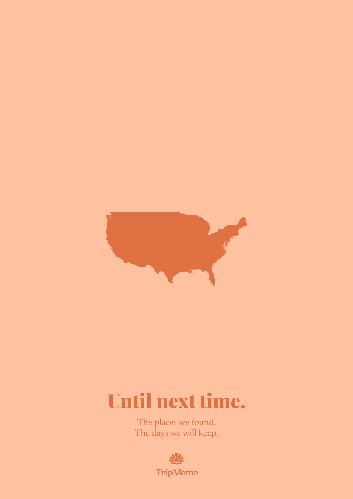 Back of the Arkansas photo book: an outline of the United States above the words "Until next time." and the TripMemo mark