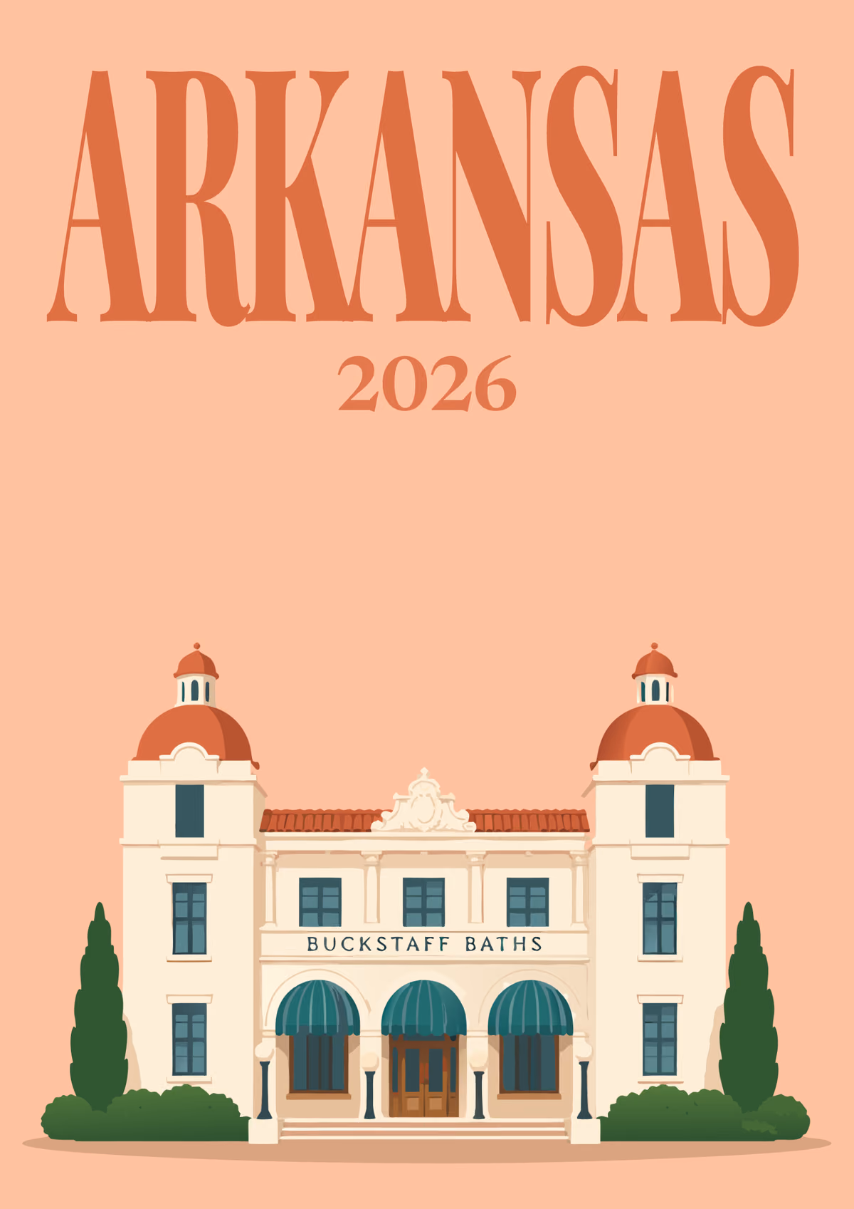 Arkansas illustrated travel photo book cover with the Buckstaff Baths artwork