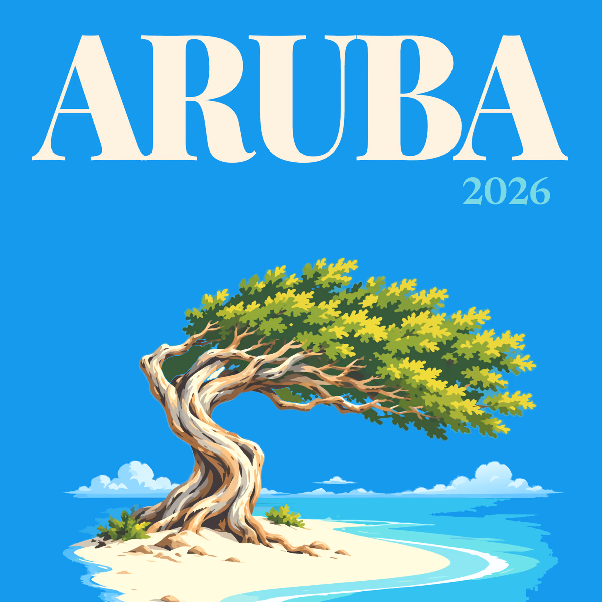 Aruba illustrated square photo book cover with the divi-divi tree artwork