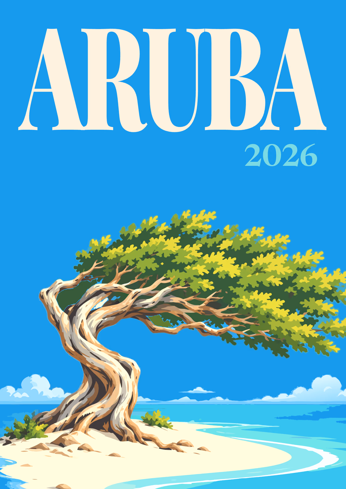 Aruba illustrated travel photo book cover with the divi-divi tree artwork