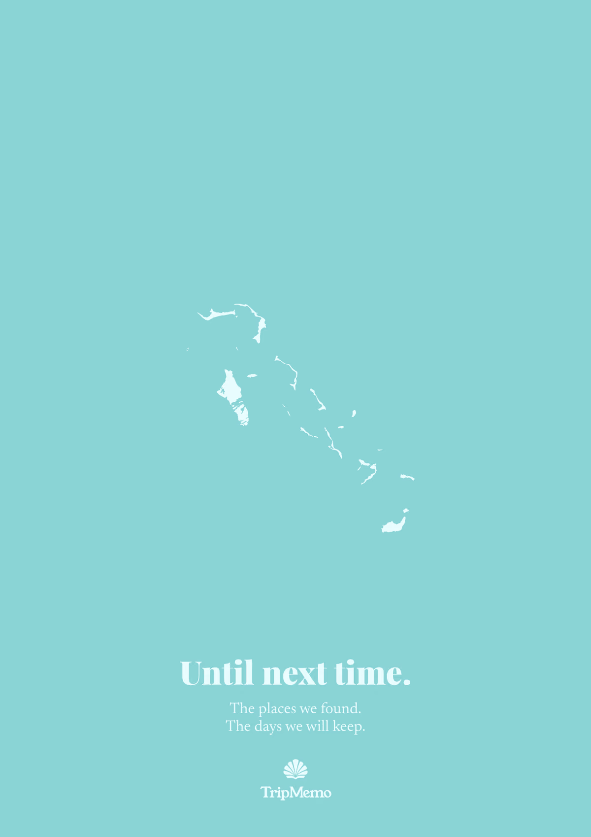 Back of the Bahamas photo book: an outline of the Bahamas above the words "Until next time." and the TripMemo mark