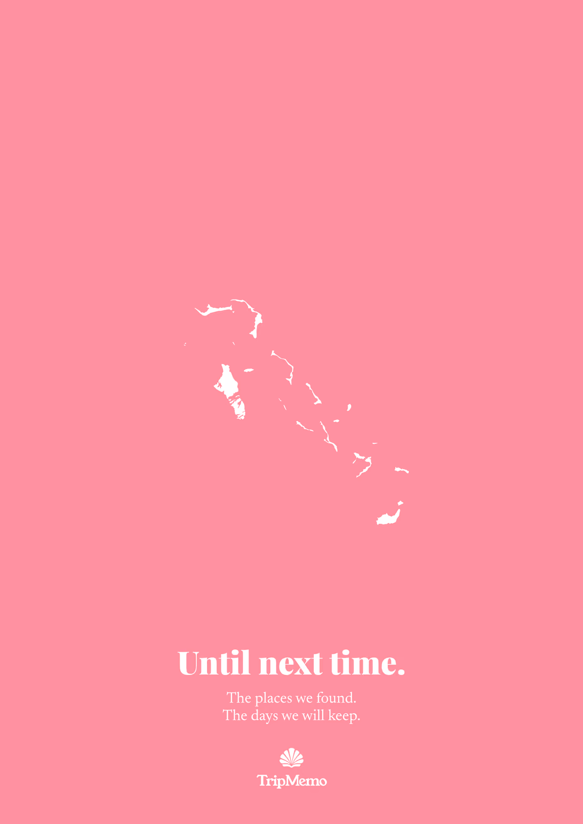Back of the Bahamas photo book: an outline of the Bahamas above the words "Until next time." and the TripMemo mark