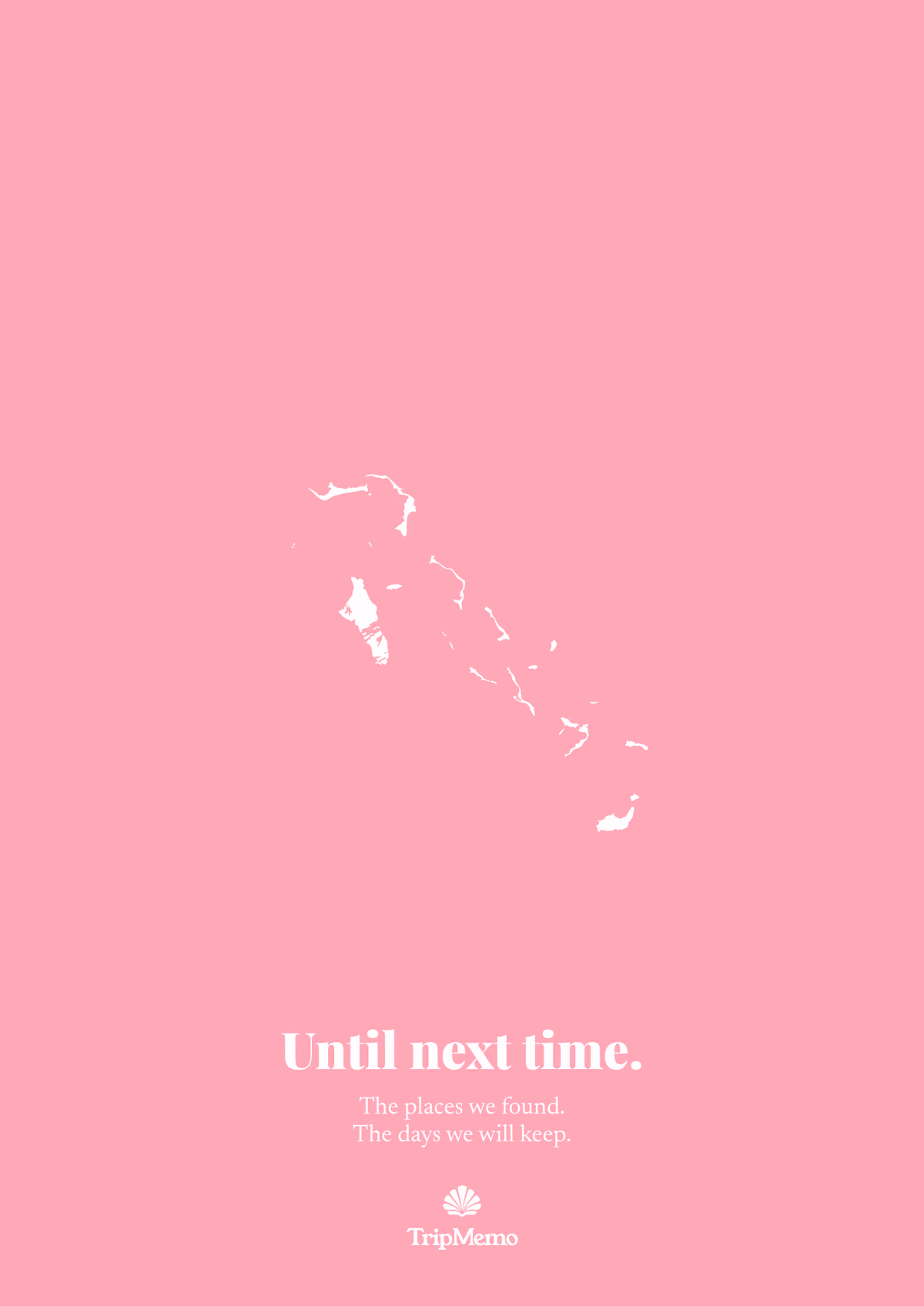 Back of the Bahamas photo book: an outline of the Bahamas above the words "Until next time." and the TripMemo mark