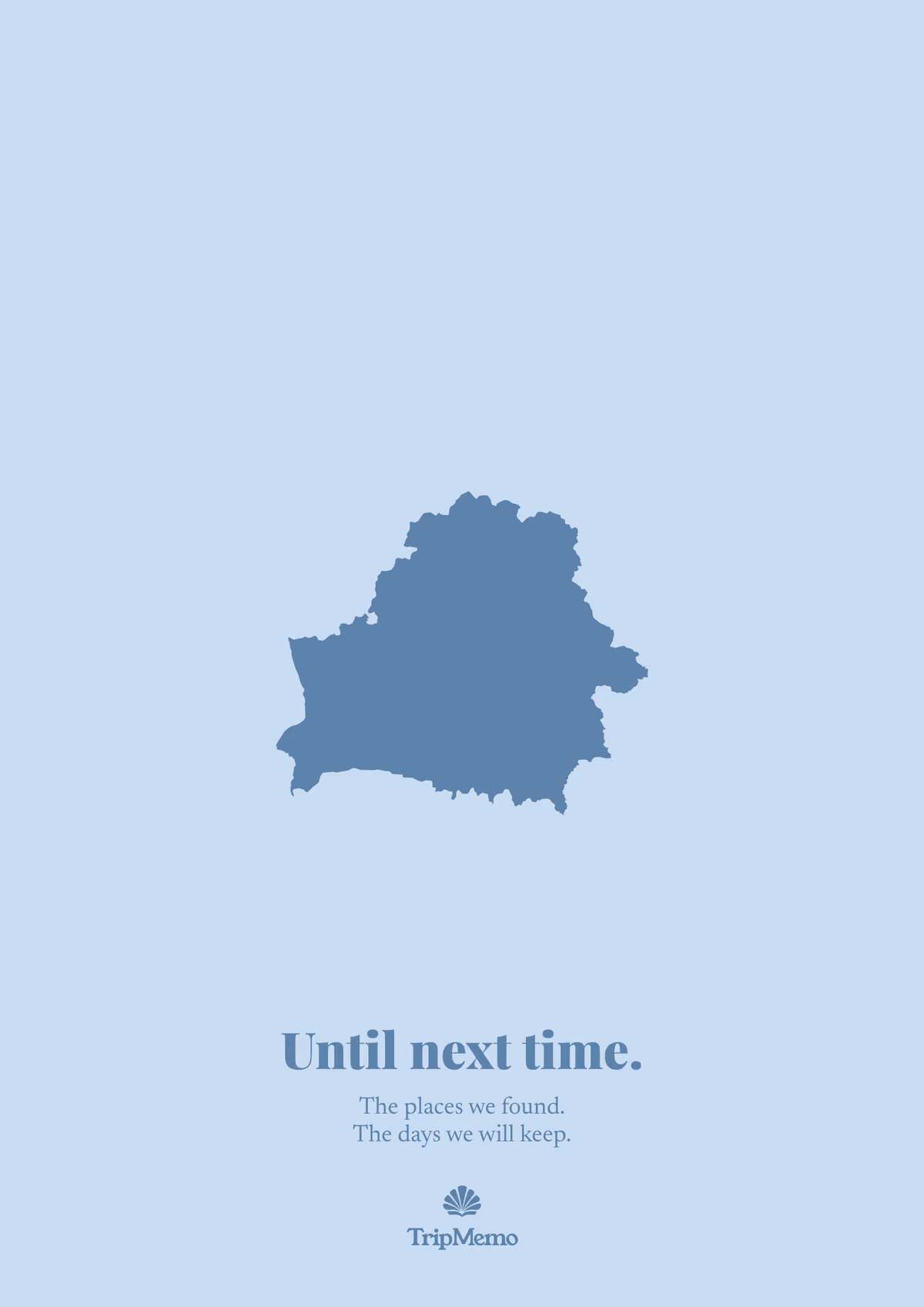Back of the Belarus photo book: an outline of Belarus above the words "Until next time." and the TripMemo mark