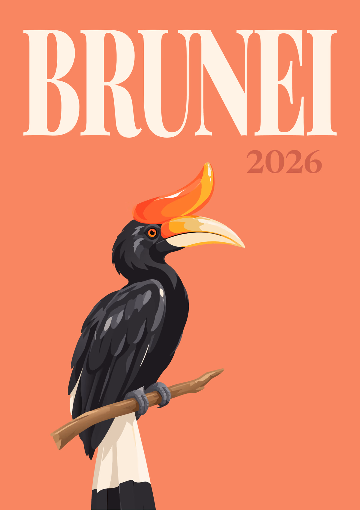 Brunei illustrated travel photo book cover with the rhinoceros hornbill artwork