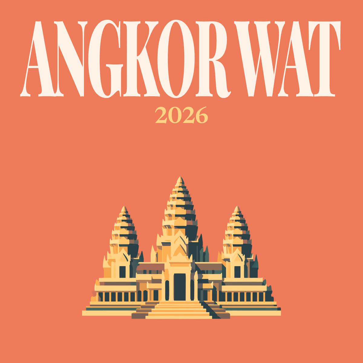 Angkor Wat illustrated square photo book cover with the temple of Angkor Wat on coral