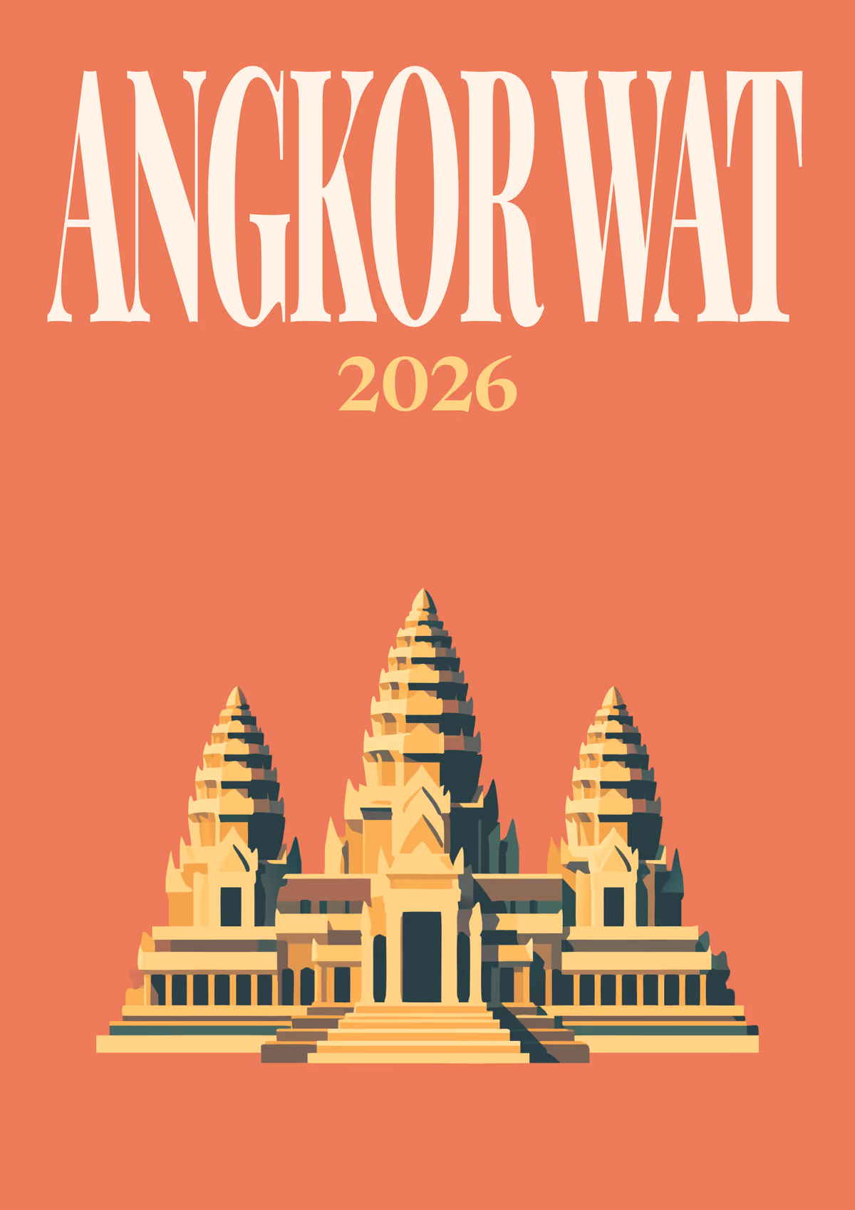 Angkor Wat illustrated travel photo book cover with the temple of Angkor Wat on coral