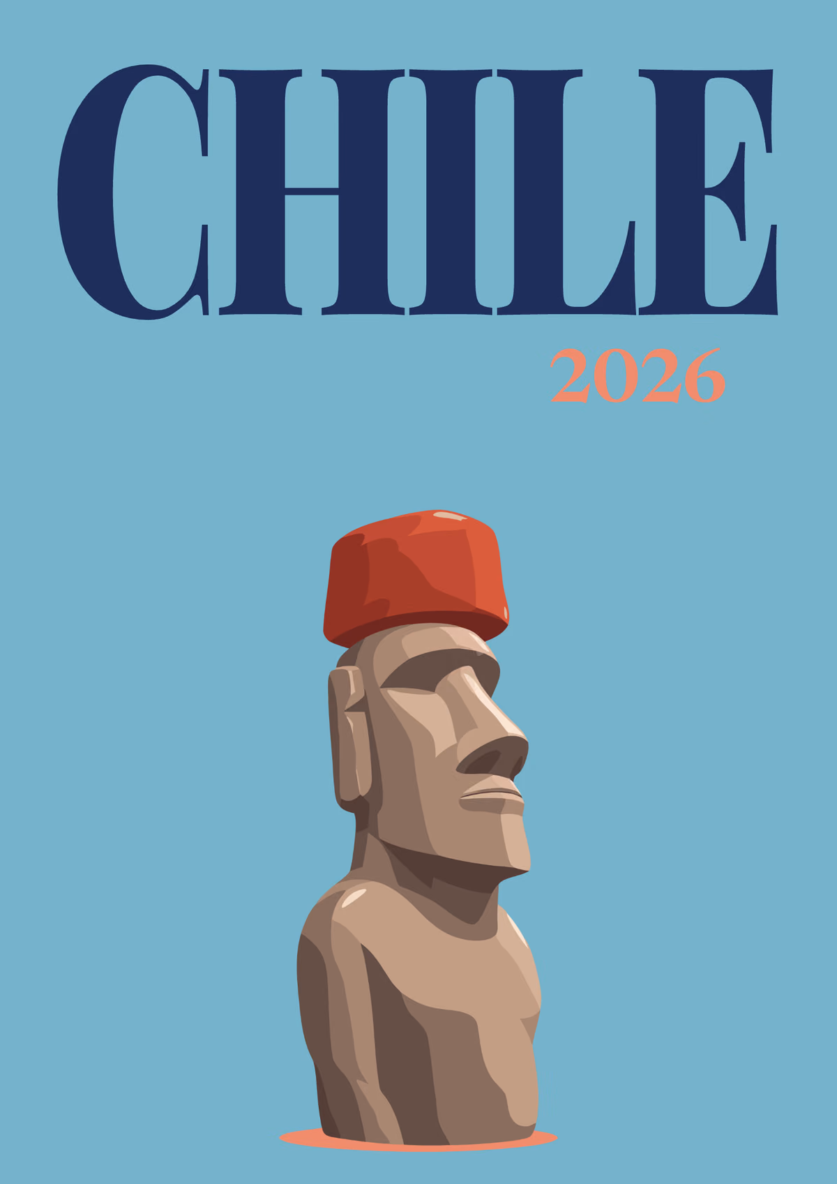 Chile illustrated travel photo book cover with the moai artwork