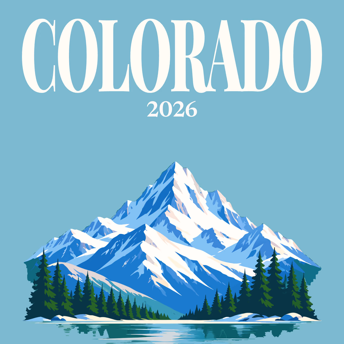 Colorado illustrated square photo book cover with the snowy peak and lake artwork