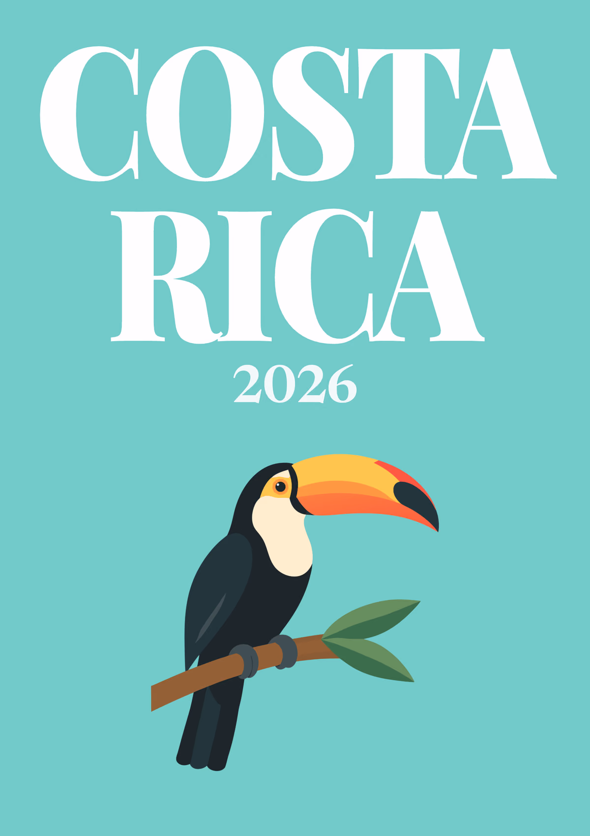 Costa Rica illustrated travel photo book cover with the toucan on a branch artwork
