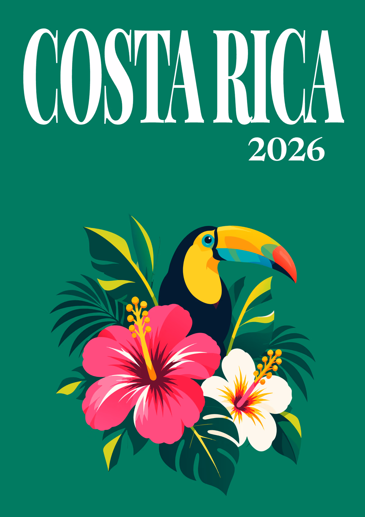 Costa Rica illustrated travel photo book cover with the toucan and hibiscus artwork