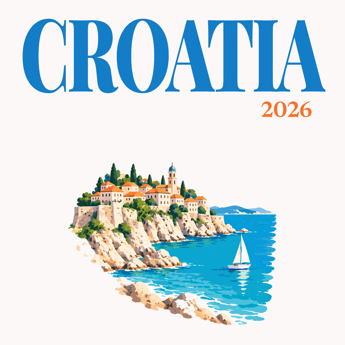 Croatia illustrated square photo book cover with the Adriatic cliff town artwork