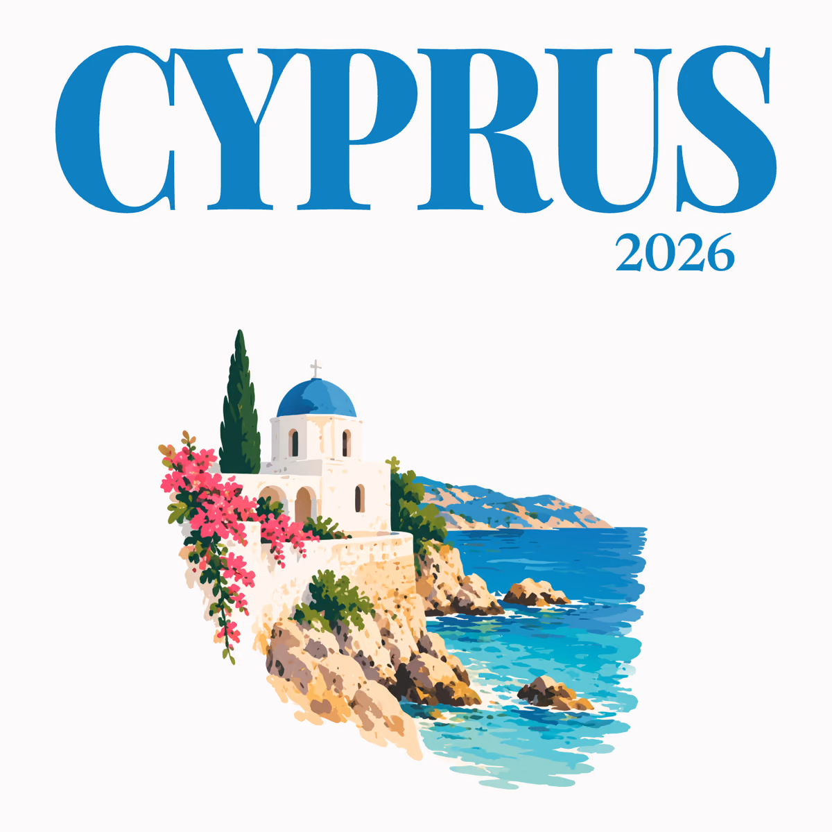 Cyprus illustrated square photo book cover with the chapel and bougainvillea artwork
