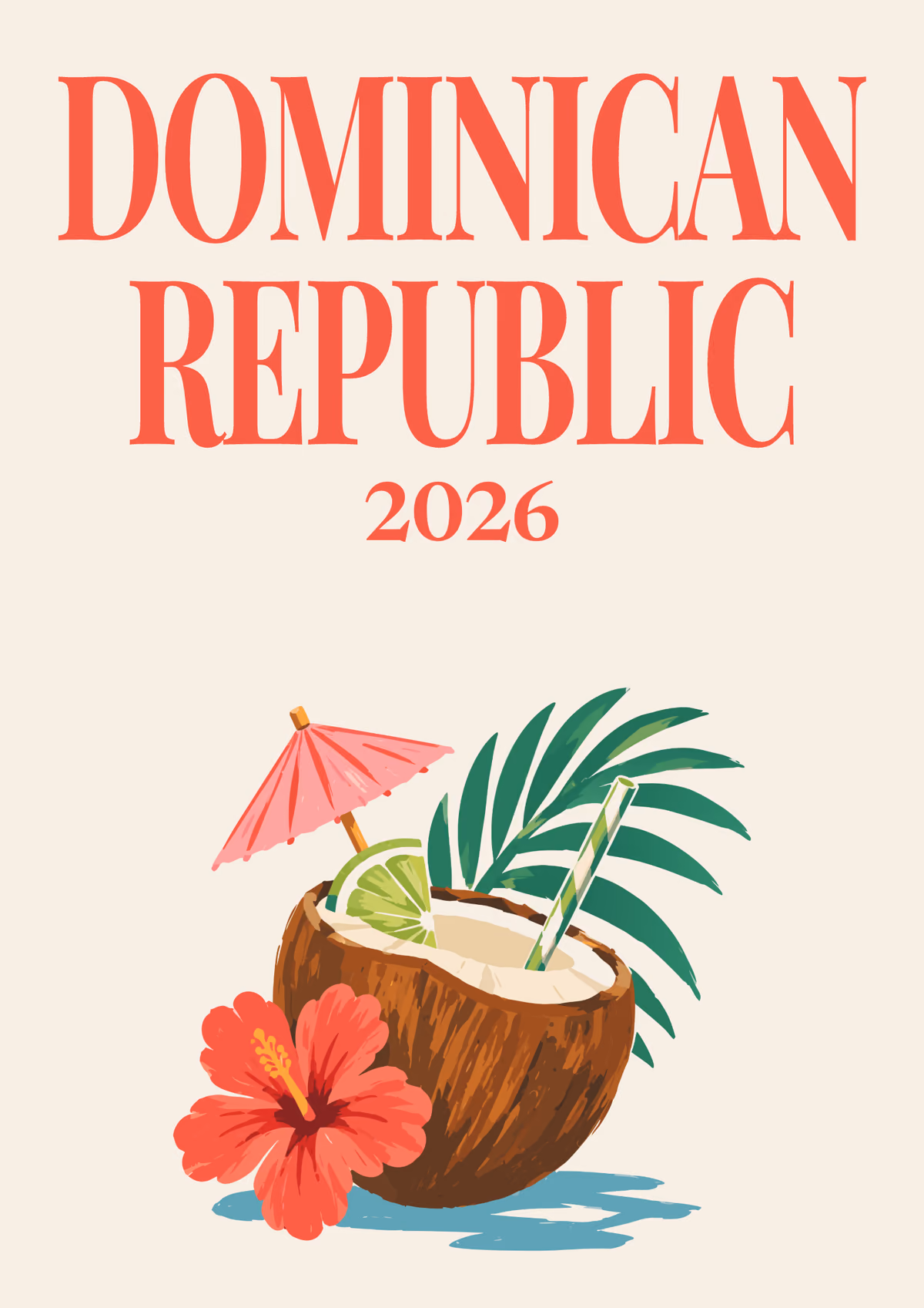 Dominican Republic illustrated travel photo book cover with the coconut cocktail artwork in brown