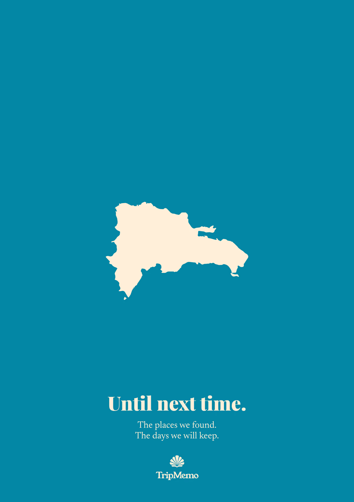 Back of the Dominican Republic photo book: an outline of the Dominican Republic above the words "Until next time." and the TripMemo mark