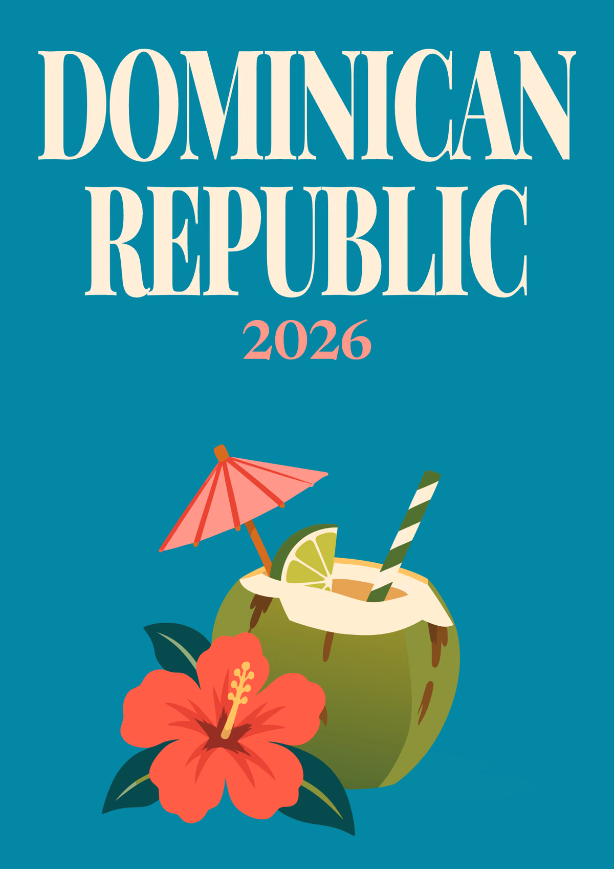 Dominican Republic illustrated travel photo book cover with the coconut cocktail artwork in green