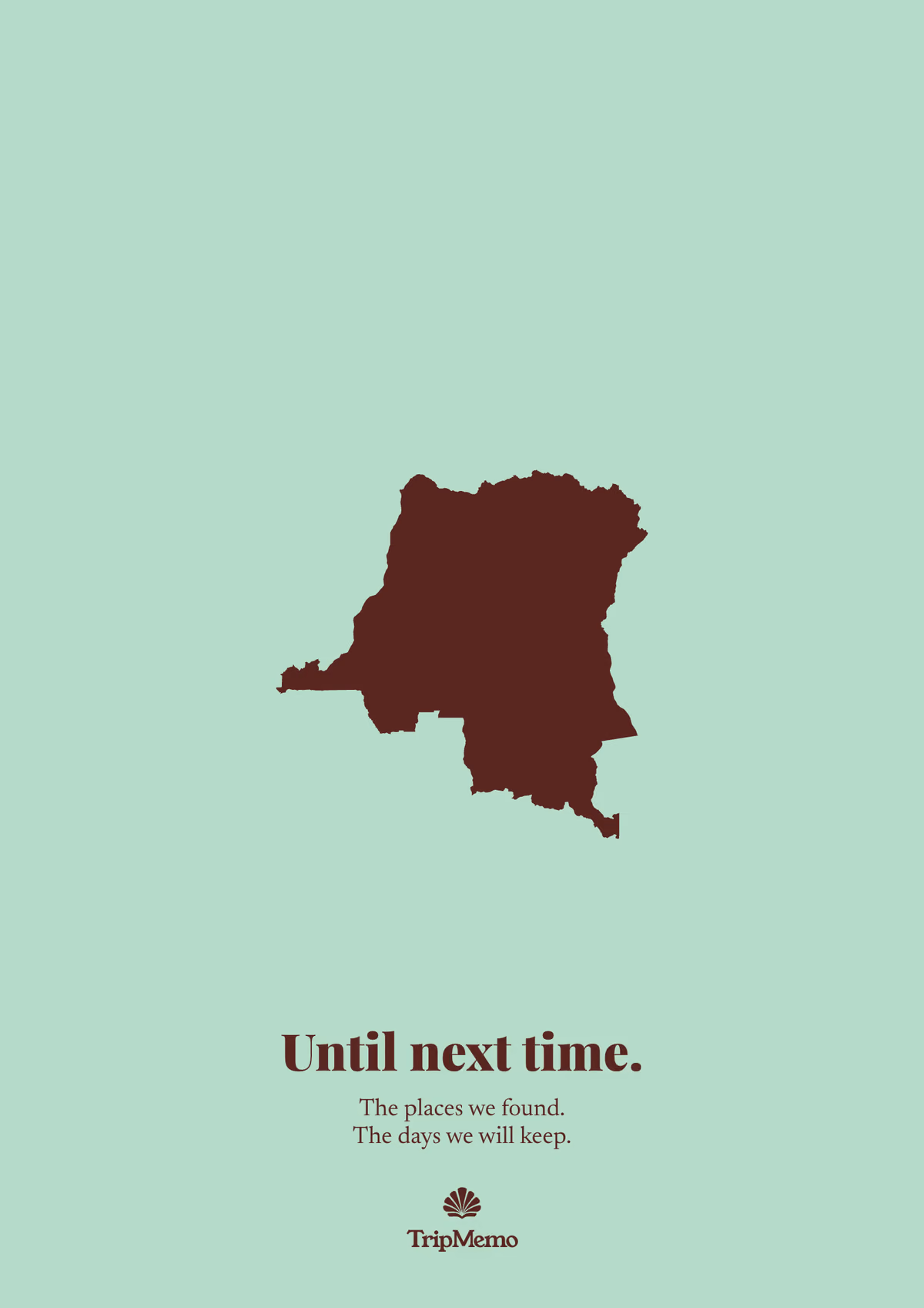 Back of the Dr Congo photo book: an outline of DR Congo above the words "Until next time." and the TripMemo mark