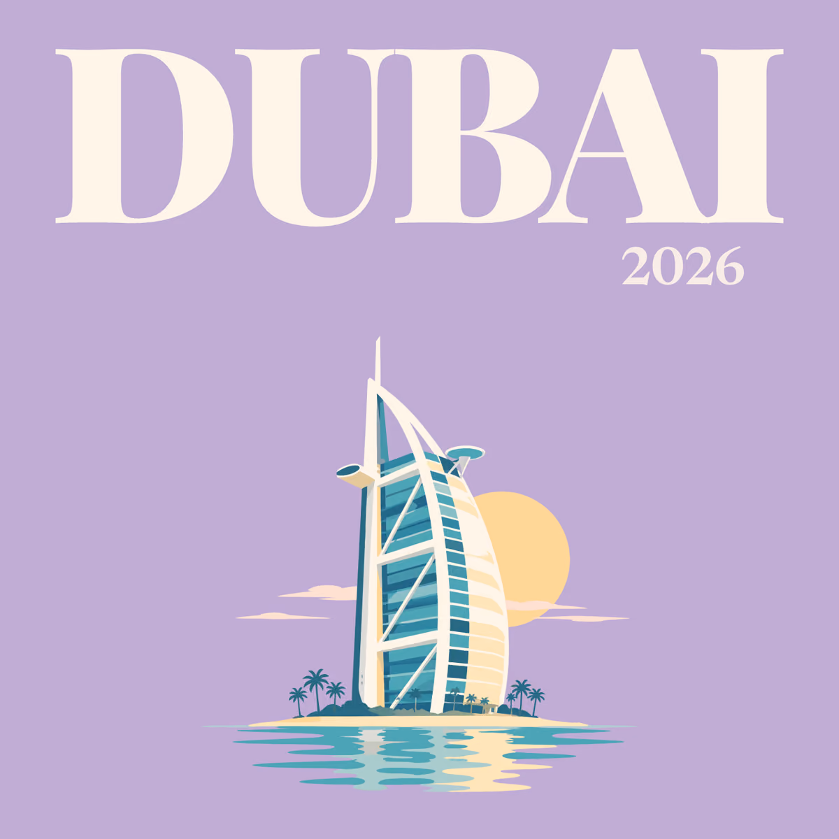 Dubai illustrated square photo book cover with the Burj Al Arab artwork in lavender