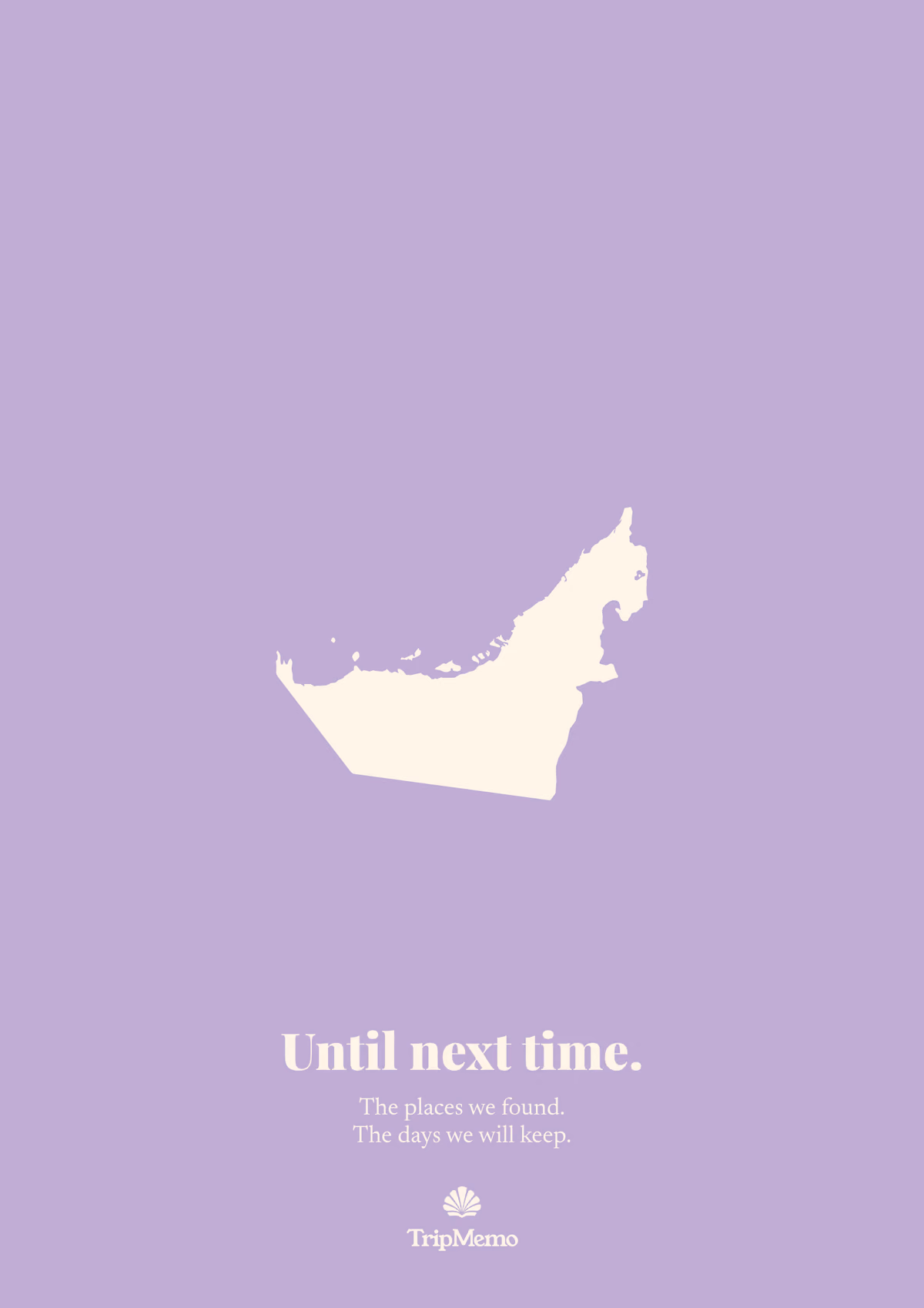 Back of the Dubai photo book: an outline of the United Arab Emirates above the words "Until next time." and the TripMemo mark