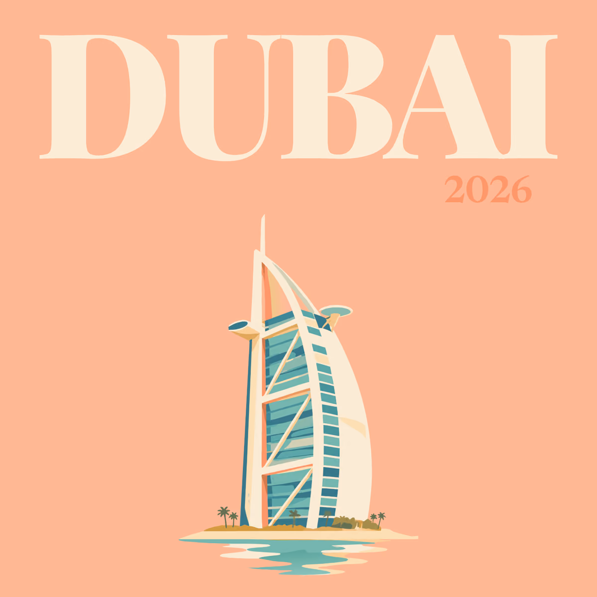 Dubai illustrated square photo book cover with the Burj Al Arab artwork in peach