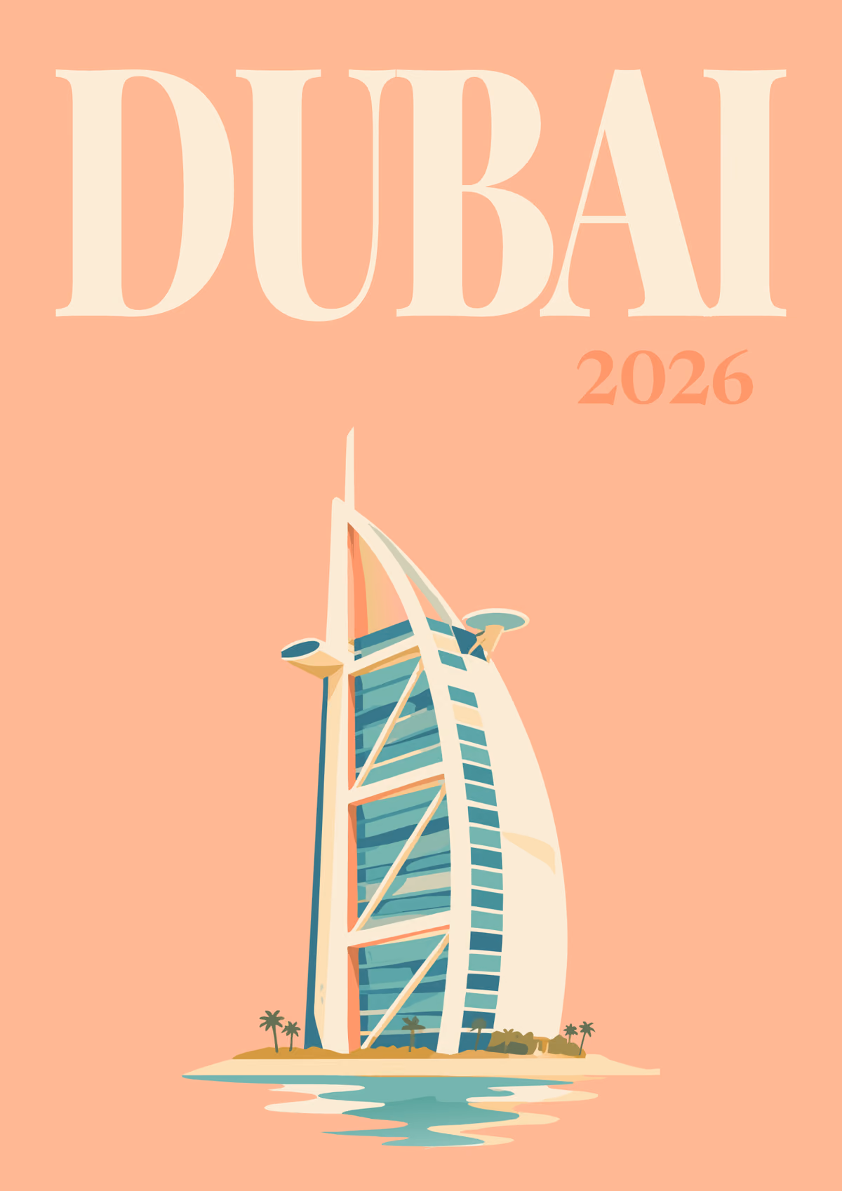 Dubai illustrated travel photo book cover with the Burj Al Arab artwork in peach