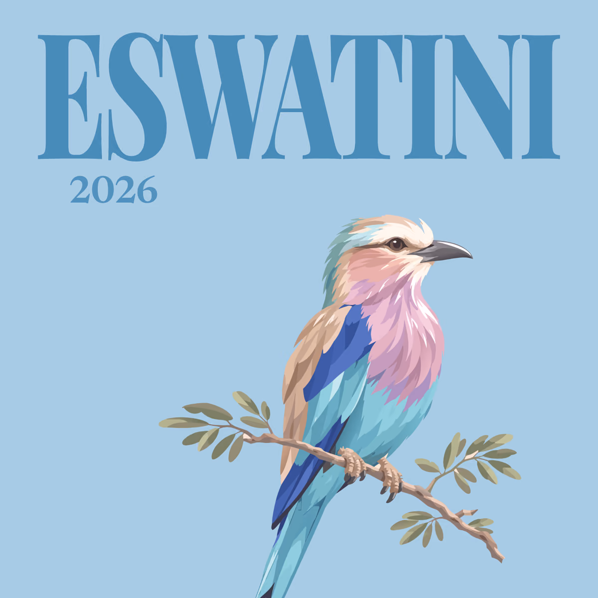 Eswatini illustrated square photo book cover with the lilac-breasted roller artwork