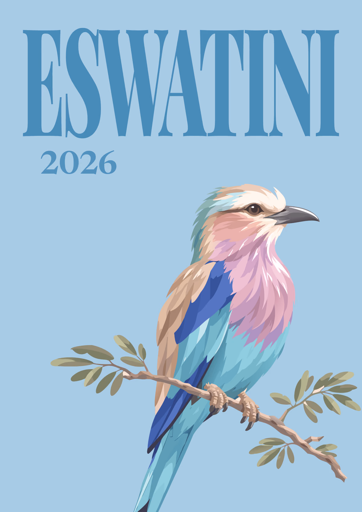 Eswatini illustrated travel photo book cover with the lilac-breasted roller artwork