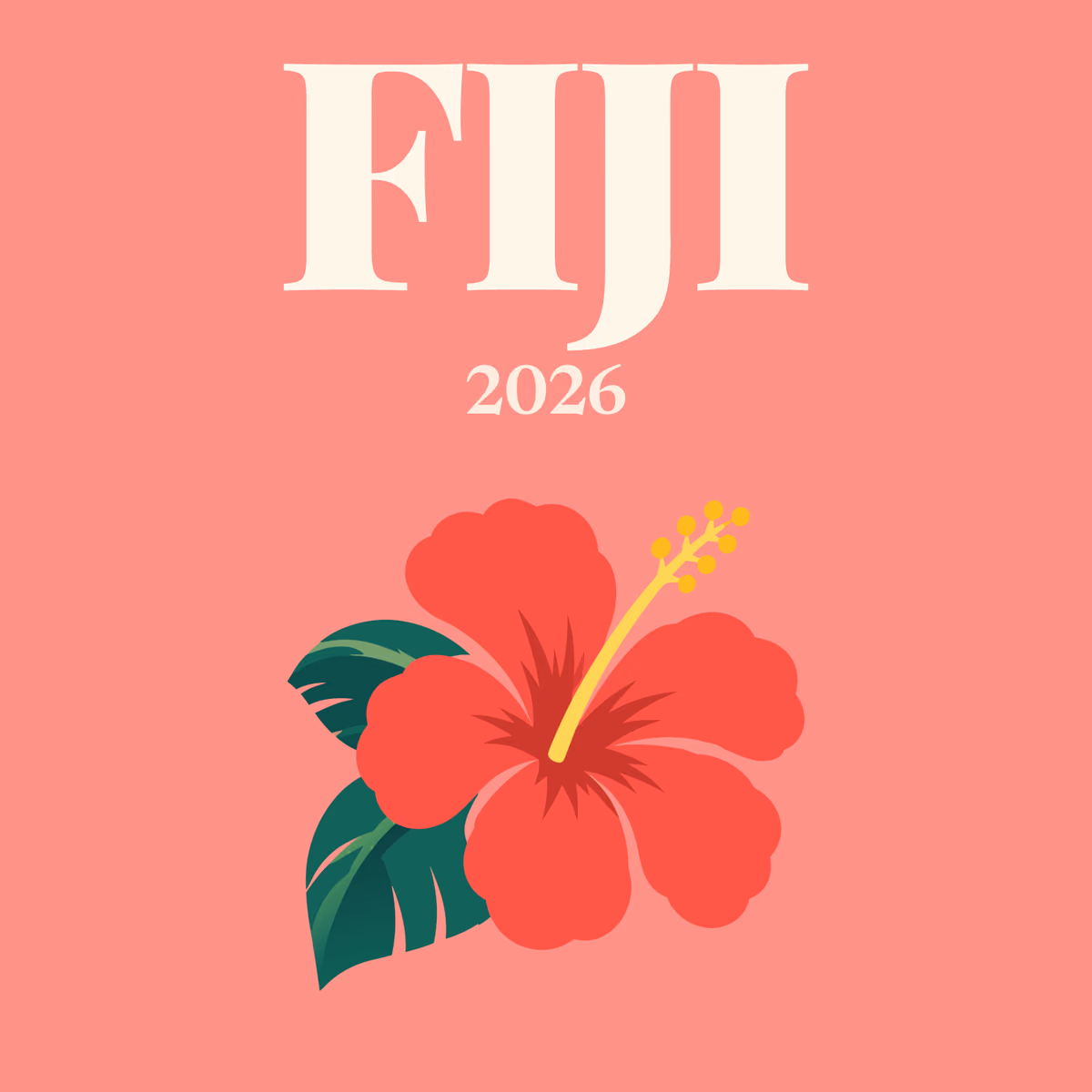 Fiji illustrated square photo book cover with the hibiscus artwork on coral