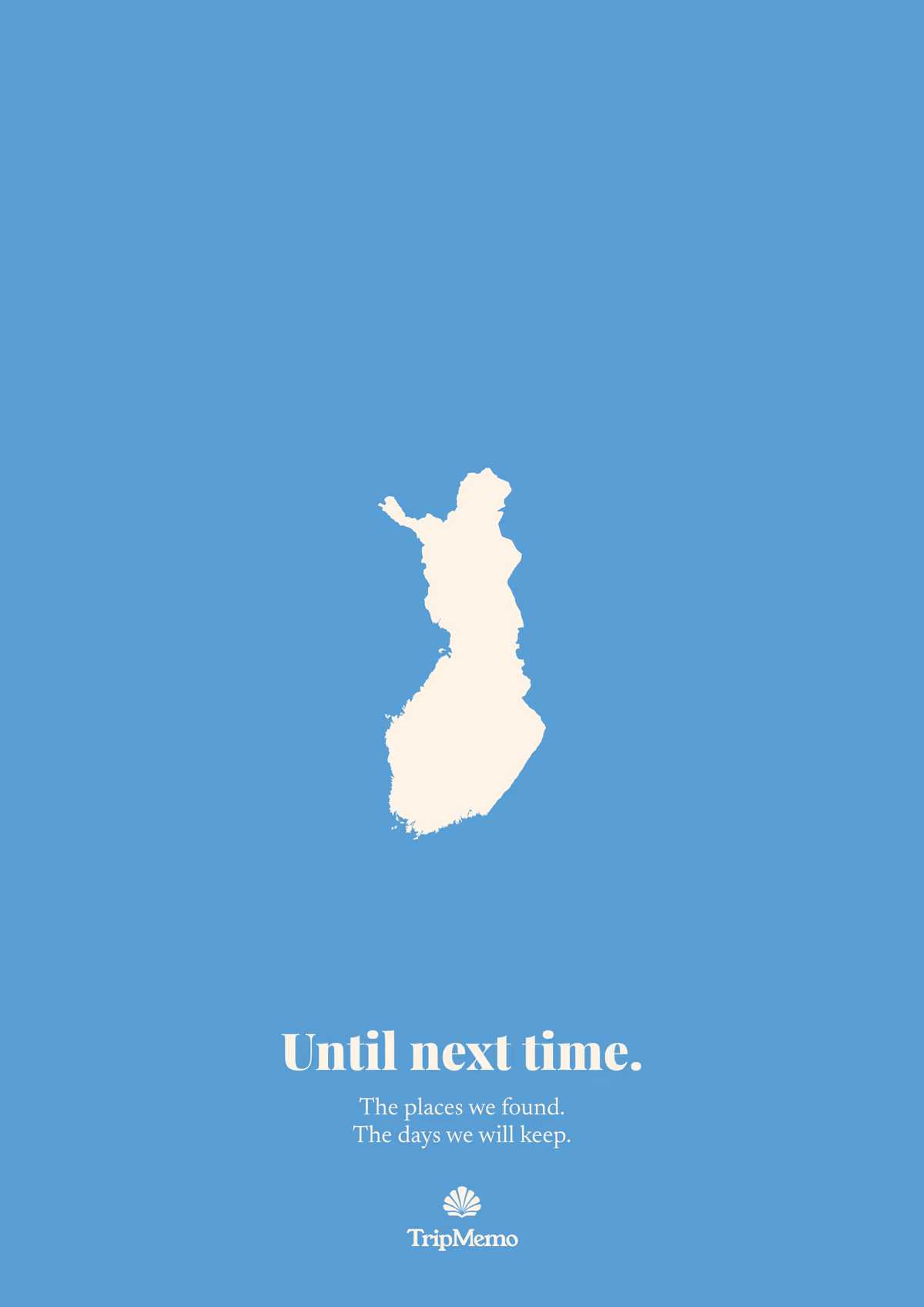 Back of the Finland photo book: an outline of Finland above the words "Until next time." and the TripMemo mark