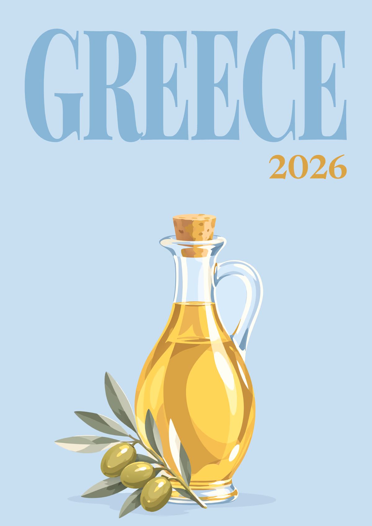 Greece illustrated travel photo book cover with a bottle of olive oil and olives on pale blue