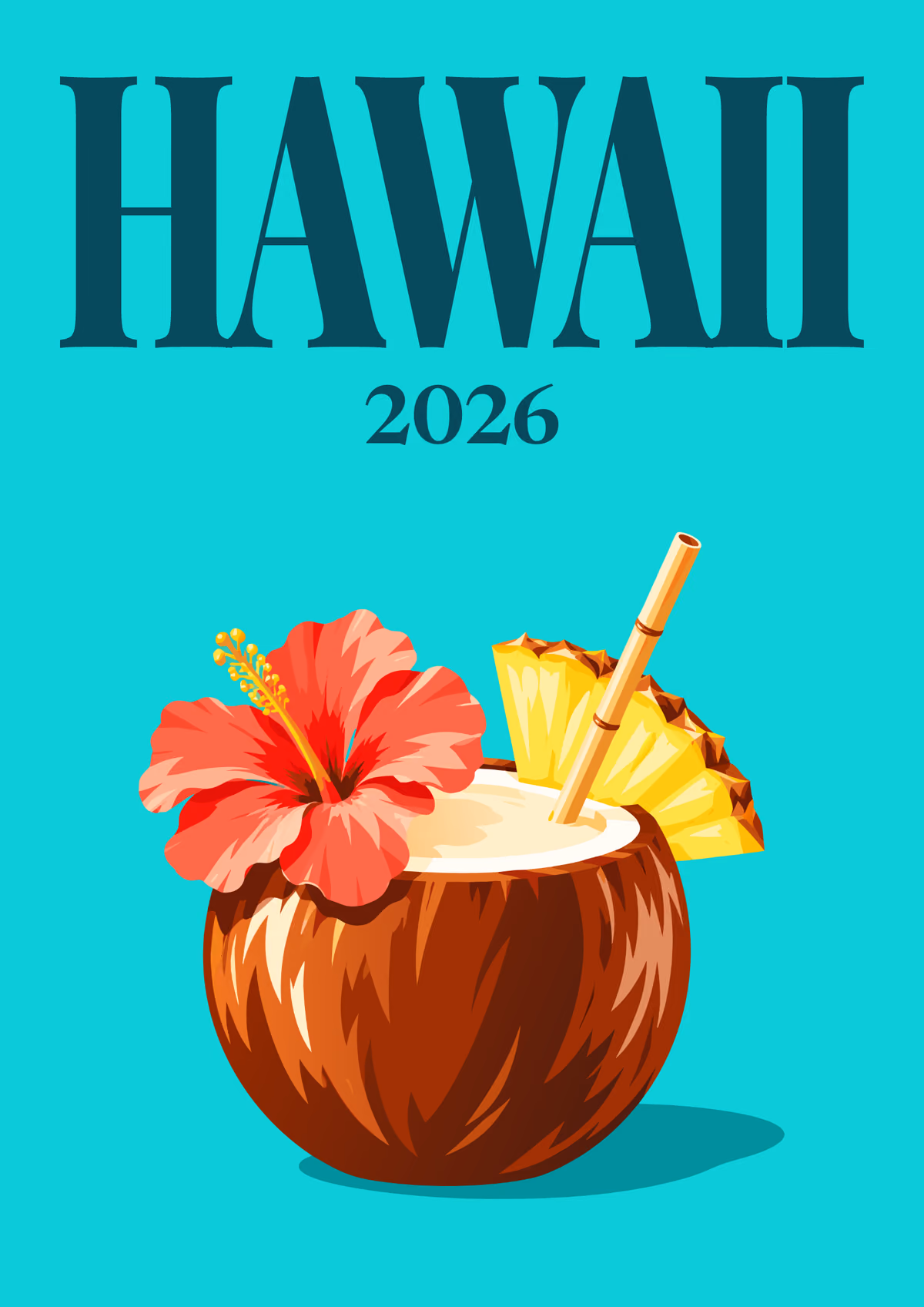 Hawaii illustrated travel photo book cover with a coconut drink with hibiscus and pineapple on turquoise