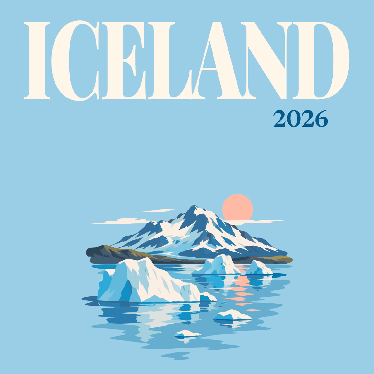 Iceland illustrated square photo book cover with the icebergs at sunset artwork