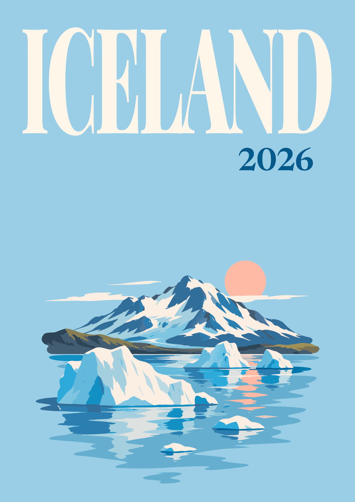 Iceland illustrated travel photo book cover with the icebergs at sunset artwork