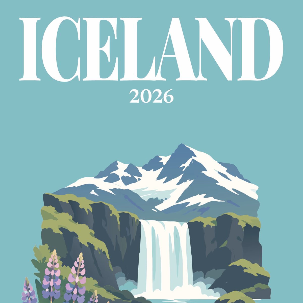 Iceland illustrated square photo book cover with the waterfall and lupins artwork