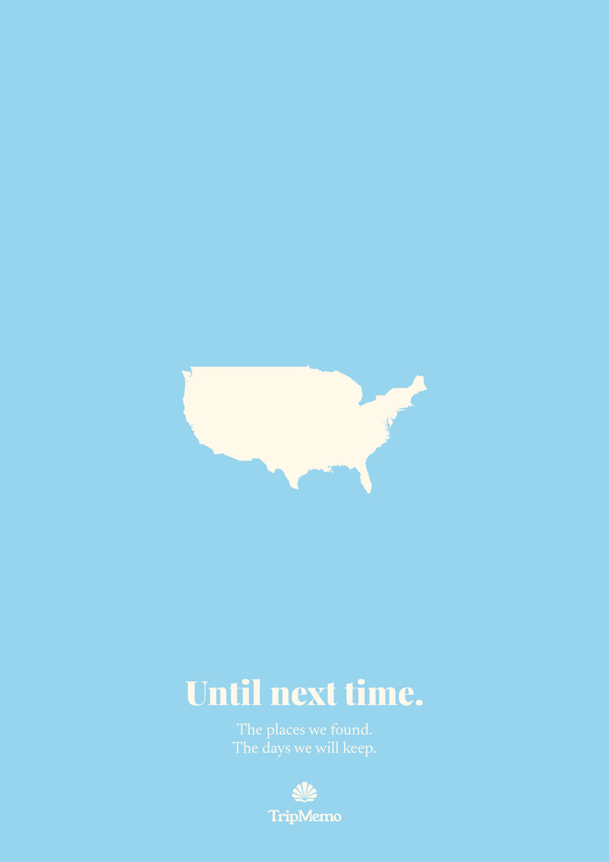 Back of the Idaho photo book: an outline of the United States above the words "Until next time." and the TripMemo mark