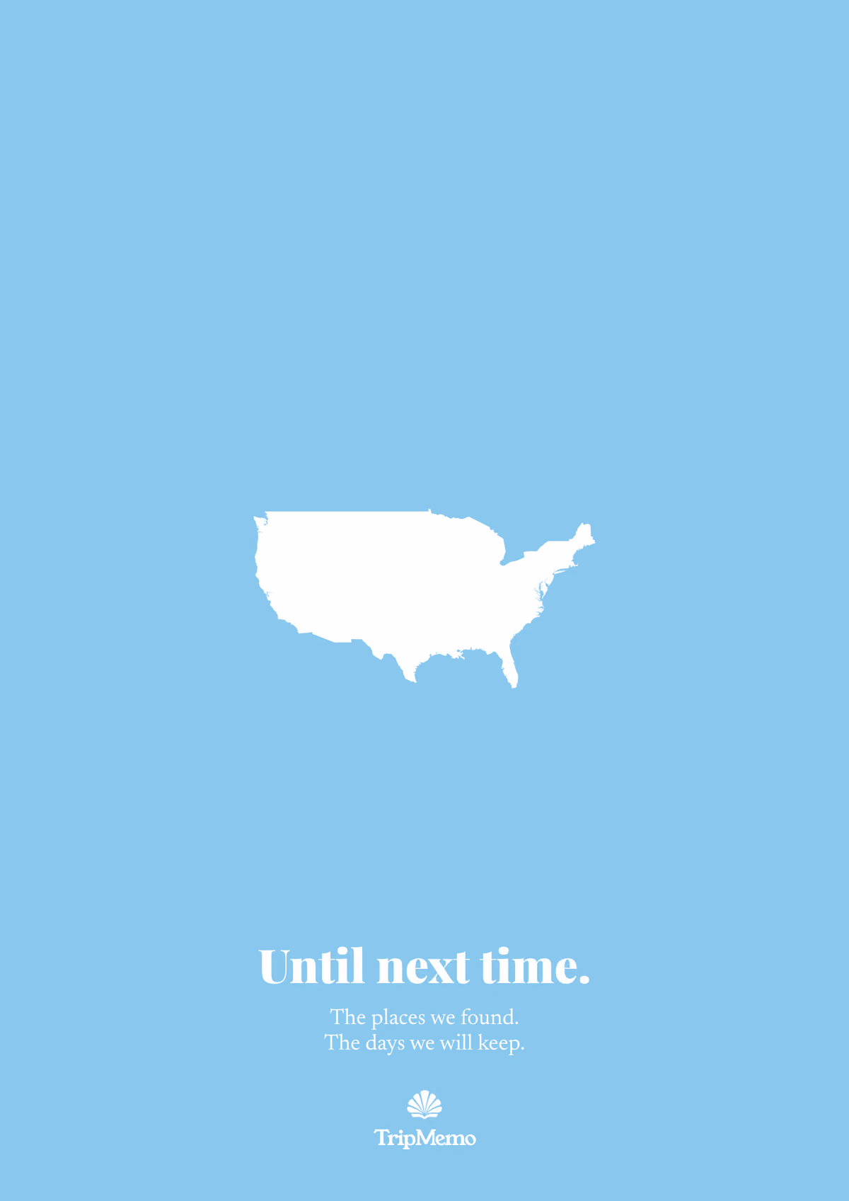 Back of the Illinois photo book: an outline of the United States above the words "Until next time." and the TripMemo mark