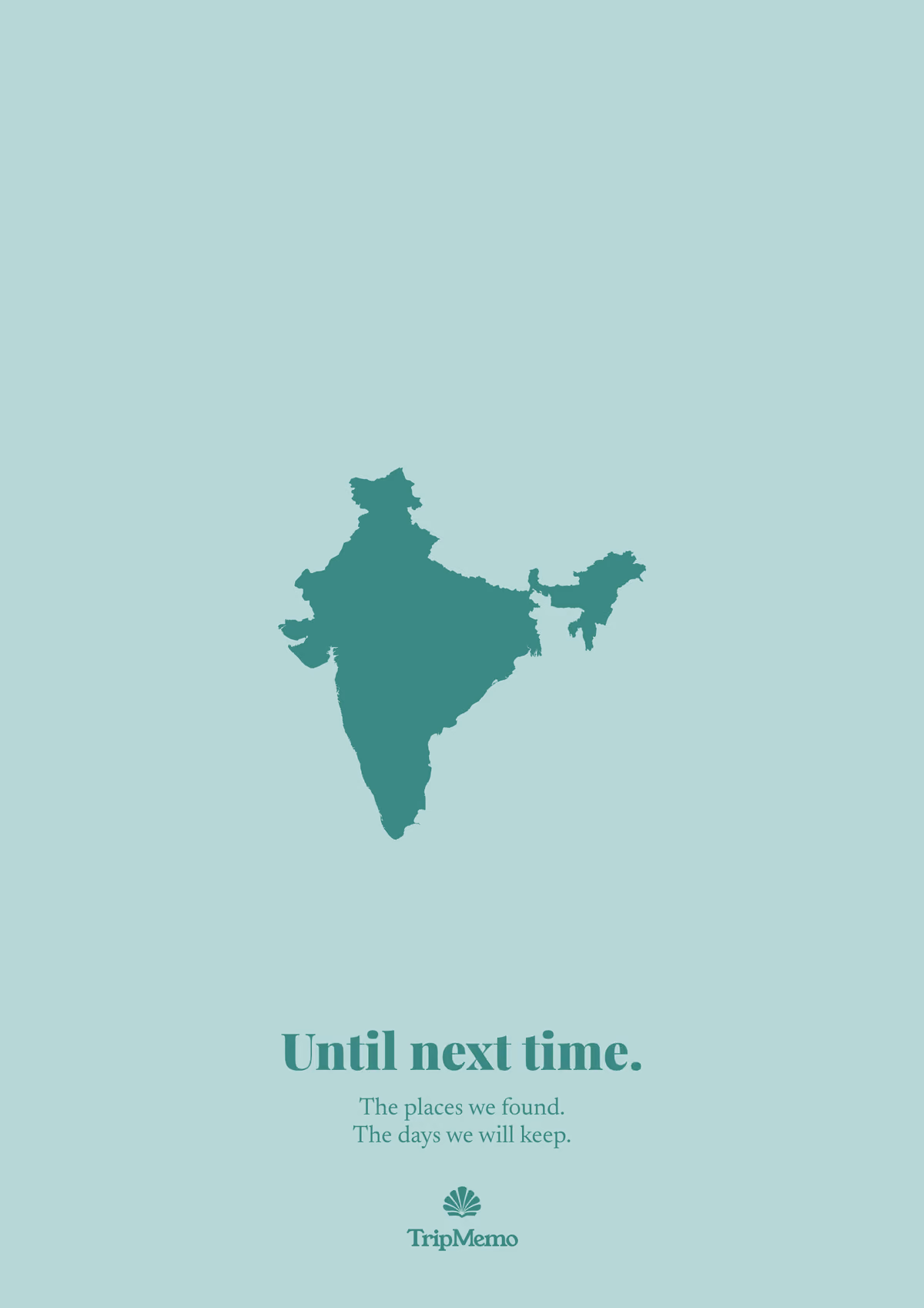 Back of the India photo book: an outline of India above the words "Until next time." and the TripMemo mark