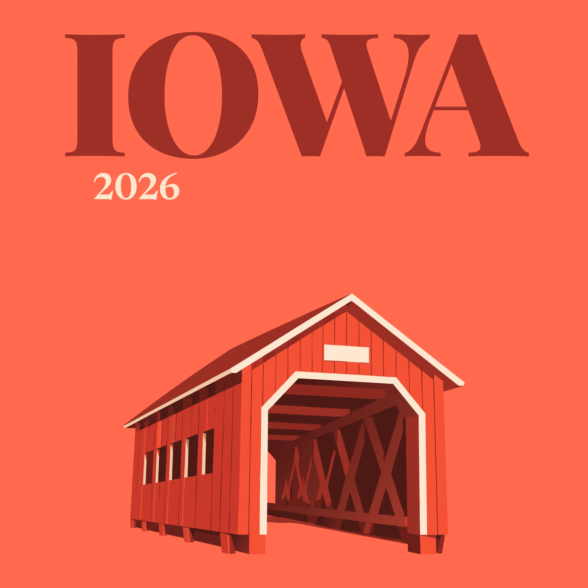 Iowa illustrated square photo book cover with the covered bridge artwork