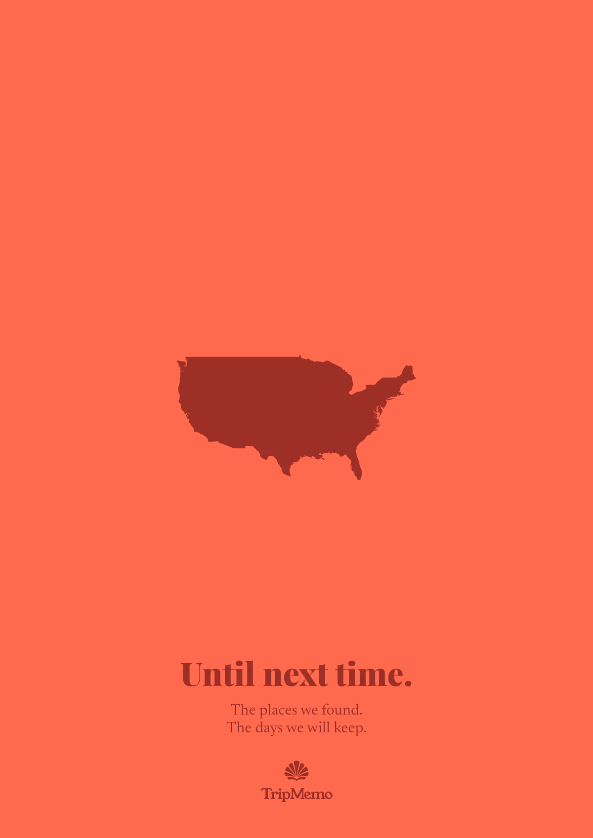 Back of the Iowa photo book: an outline of the United States above the words "Until next time." and the TripMemo mark