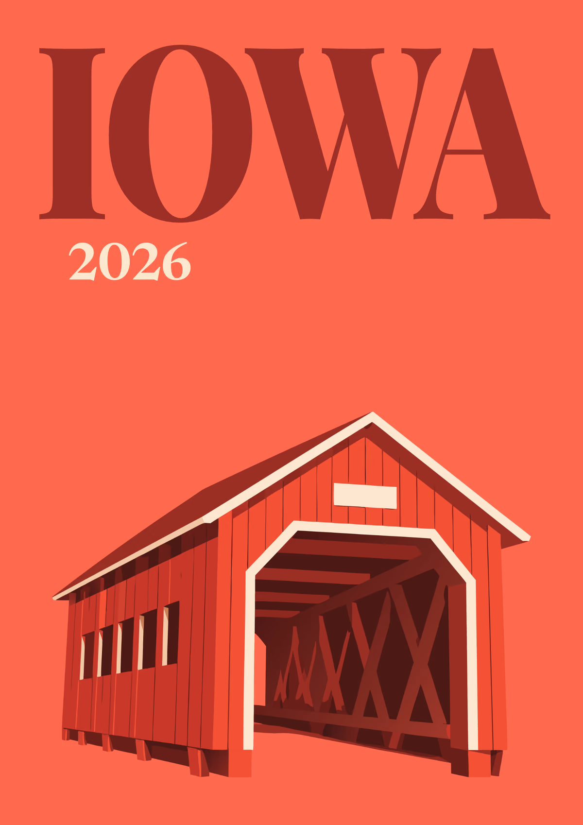 Iowa illustrated travel photo book cover with the covered bridge artwork