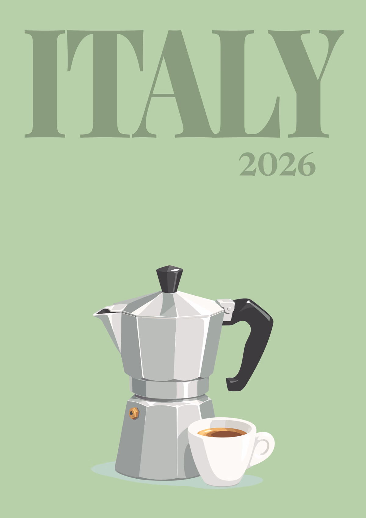 Italy illustrated travel photo book cover with a moka pot and an espresso cup on sage green