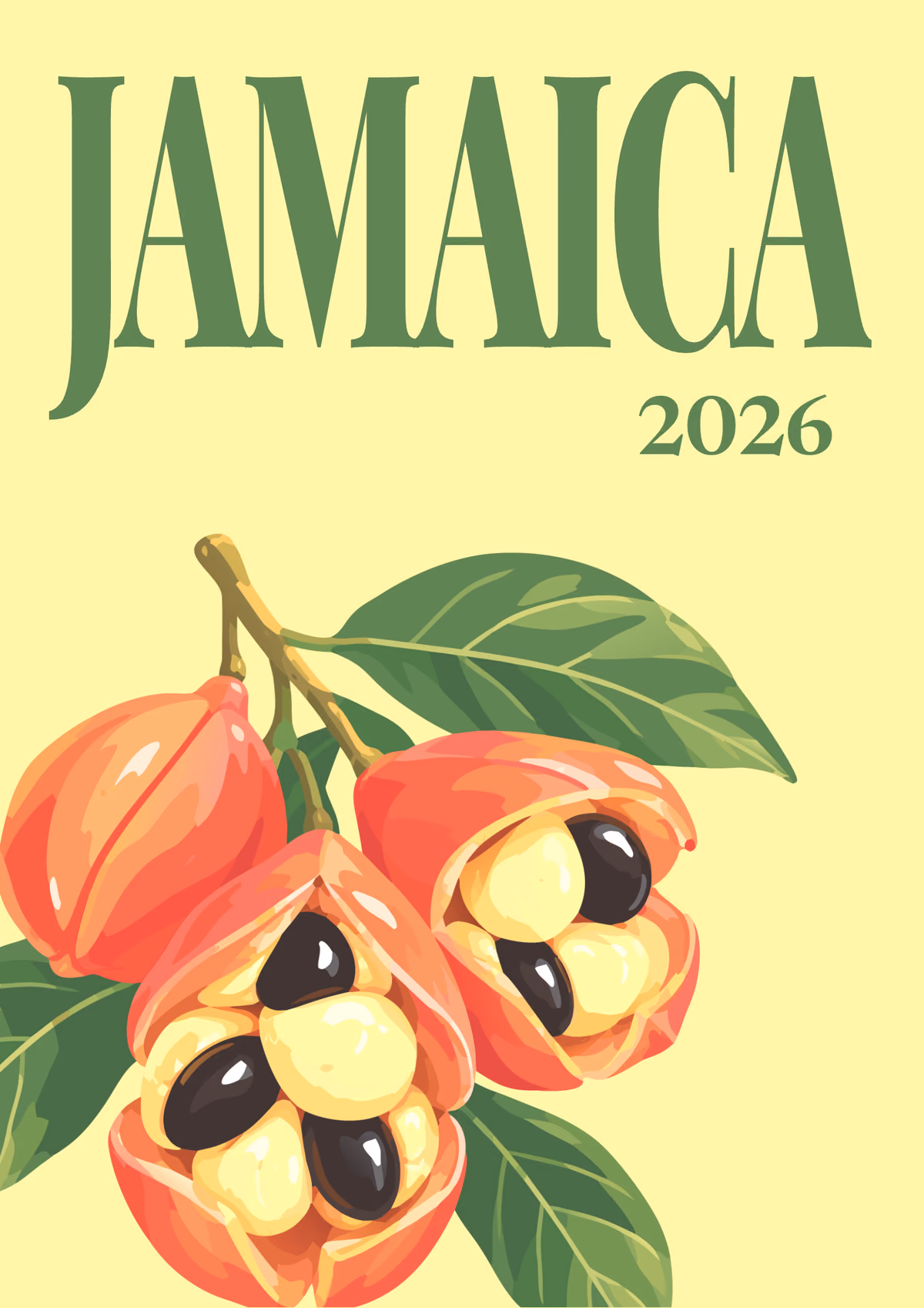 Jamaica illustrated travel photo book cover with the ackee artwork