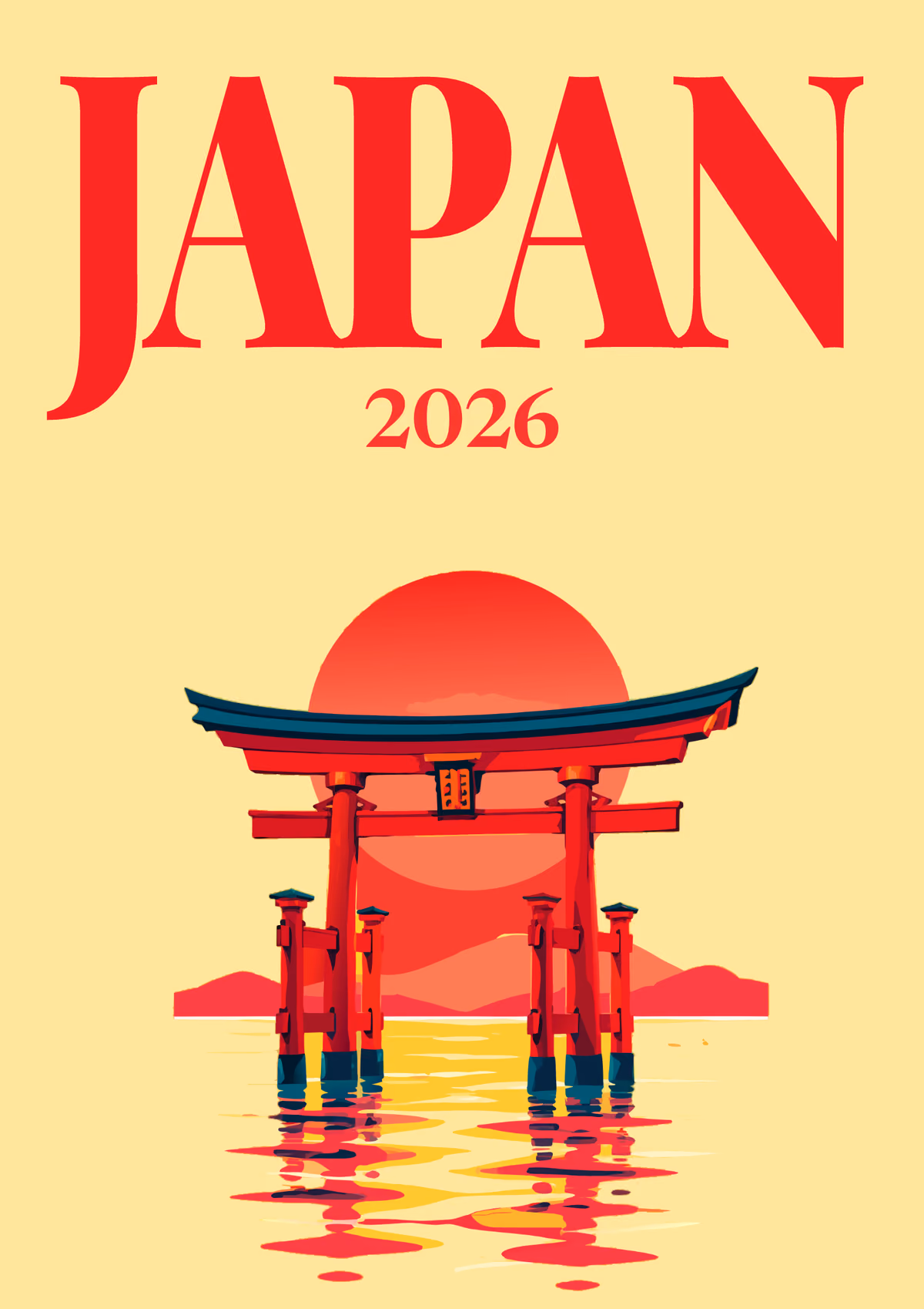 Japan illustrated travel photo book cover with a torii gate in the water at sunset on pale yellow