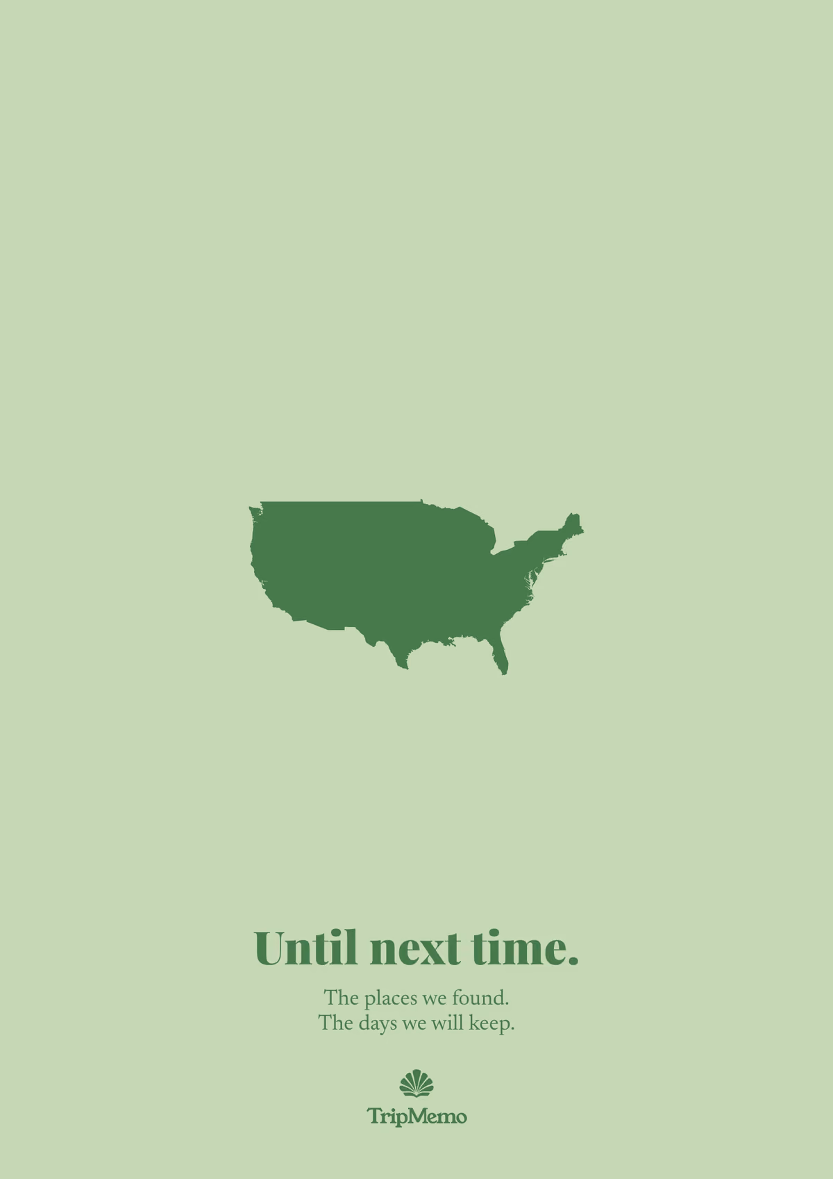 Back of the Kentucky photo book: an outline of the United States above the words "Until next time." and the TripMemo mark